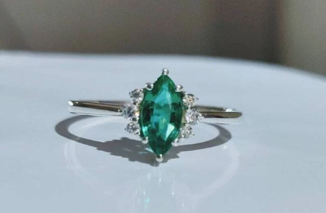 Gift For Her Natural Zambia Emerald Cocktail Ring Size 7.5 14k White Gold