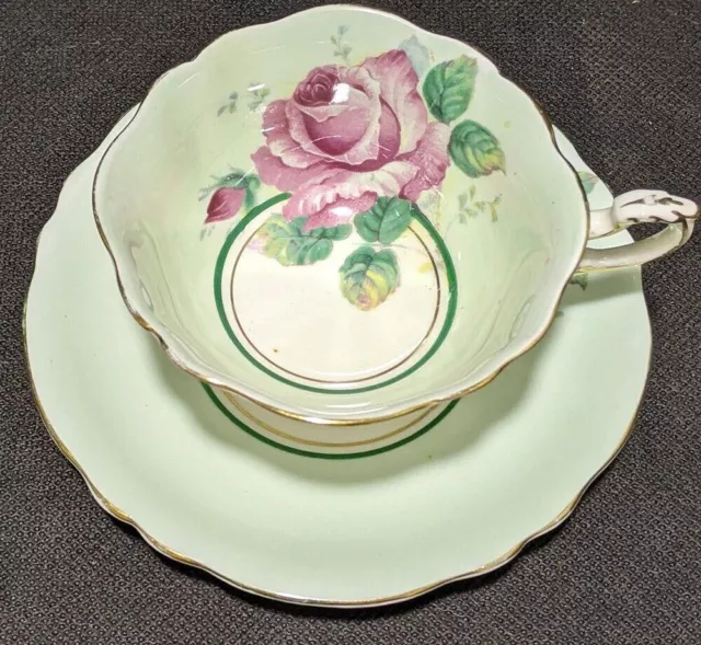 Paragon Bone China Tea Cup & Saucer Set -- Double Warrant - Cabbage Rose - Green