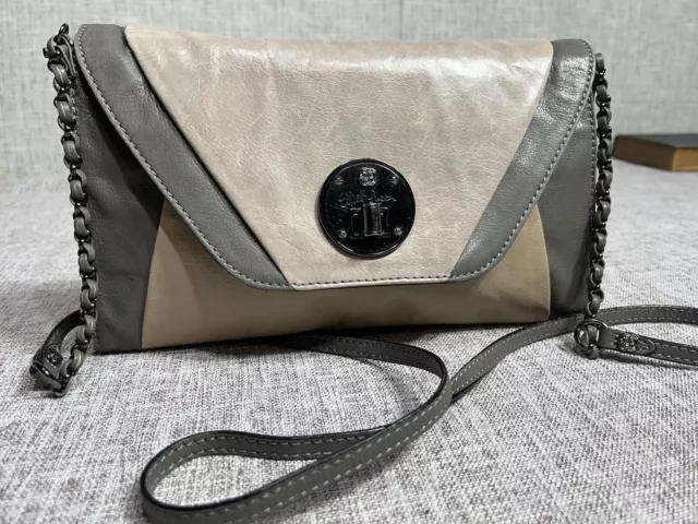 Elliot Lucca Gray Beige Leather Shoulder Crossbody Convertible Clutch Bag Purse