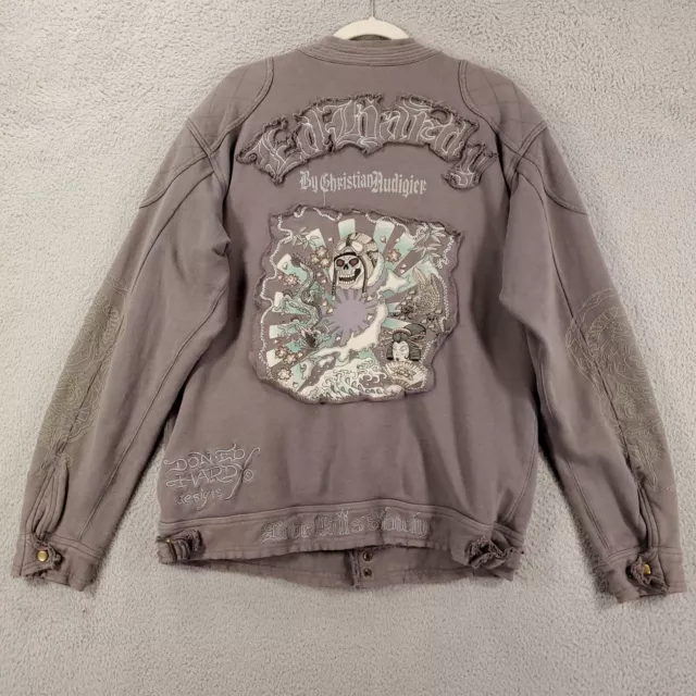 Ed Hardy Jacket Mens 2XL Zip Skulls Japanese Dragon Snake Eagles Distressed Y2K