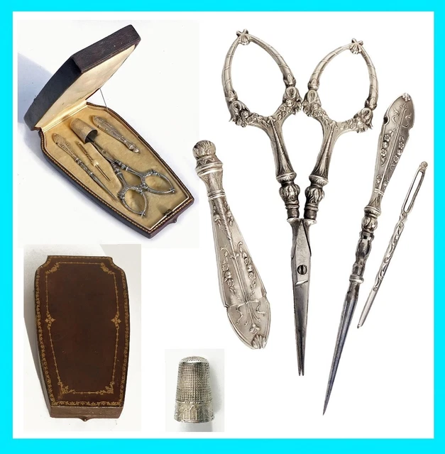 Ancien nécessaire set de couture ARGENT Ciseaux brodeuse à Coudre écrin Roses