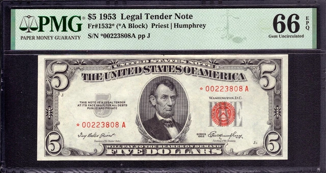 1953 $5 Legal Tender Red Seal Star Note Fr.1532* Pmg Gem Unc 66 Epq