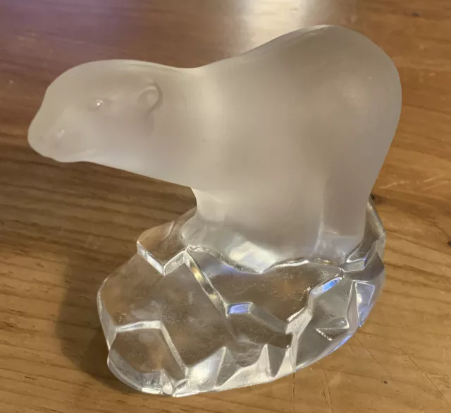 NYBRO Sweden Frosted Polar Bear on Clear Block Crystal Paperweight Figurine