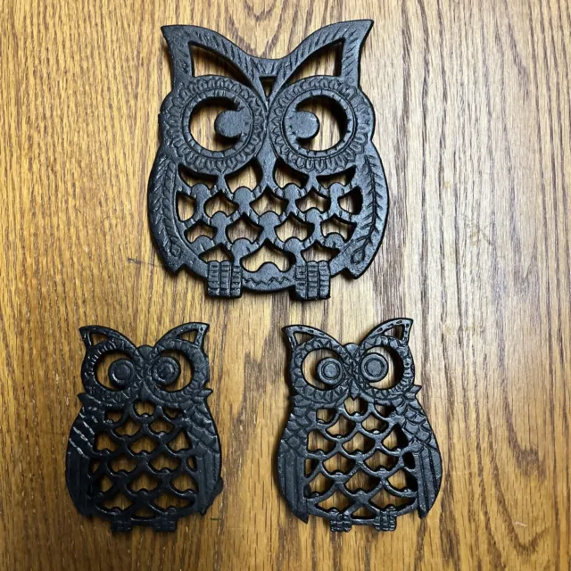 3 Black Vintage Cast Iron Owl Trivets