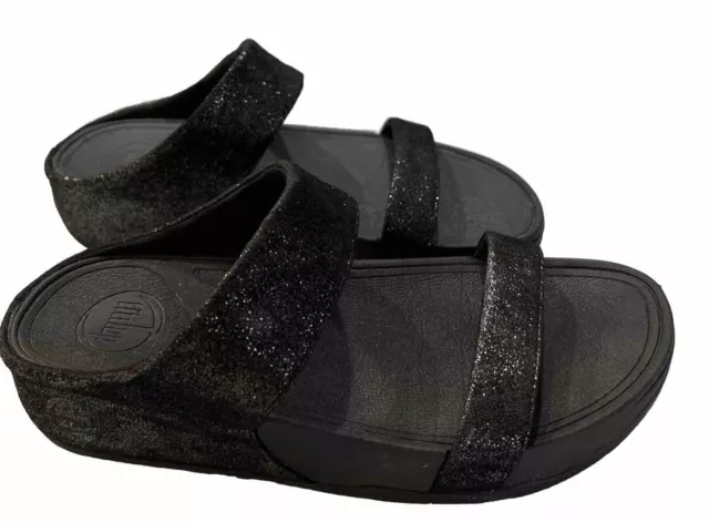 Fitflop Black  Lulu Shimmersuede Slide Double Strap Wedge Sandals Womens Size 7