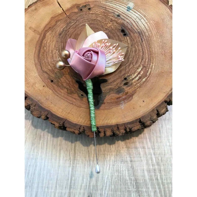 Men's Leaves Rolled Rose Boutonniere Dusty Rose Mauve Gold Pistils Lapel Pin For
