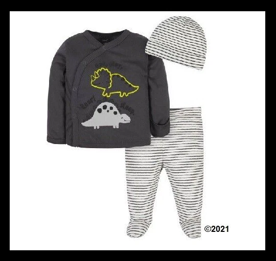 Gerber Baby Boy 3 Piece Set Cotton Dinosaurs Stripes 3-6 Month Brand New W/ Tags