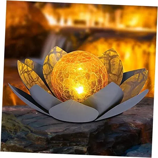 Solar Lights Outdoor Garden Decor , Amber Crackle Globe Glass Lotus Gray