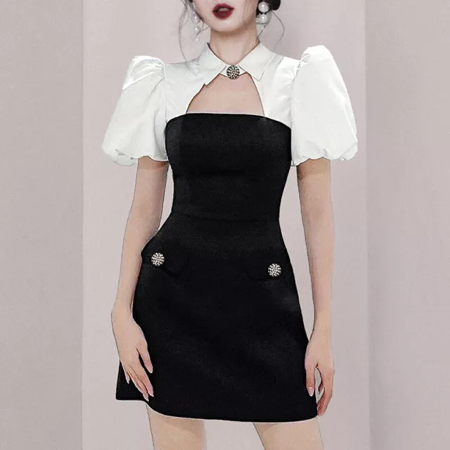 Women Short Puff Sleeves A Line Slim Fit Mixed Colors Lapel Collar Fashion Dress