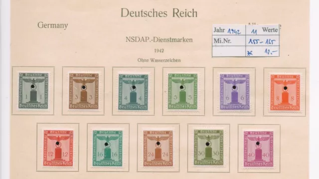 Briefmarken Deutsches Reich 1942, Dienstmarken Mi. Nr. 155-165, ungebraucht