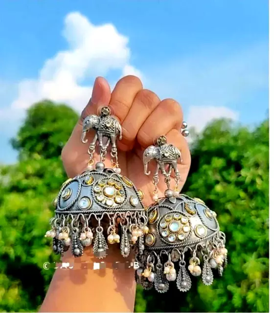 Designer Indian Bollywood Style Afghani Oxidised Silver Plated Jhumka Earrings