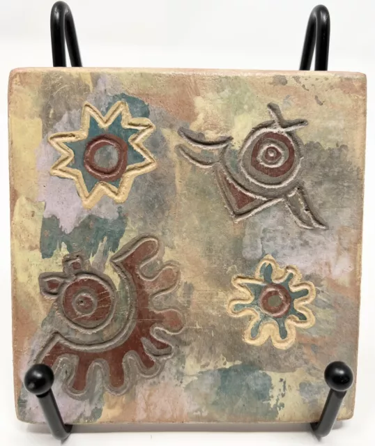 VTG ANTIQUE HANDMADE TERRA COTTA CLAY ORNATE ART WALL TILE Suns & Bird