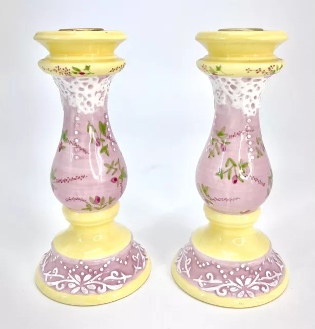 Ceramic Candlestick Holders Pink Yellow Floral Hand Painted Set of 2