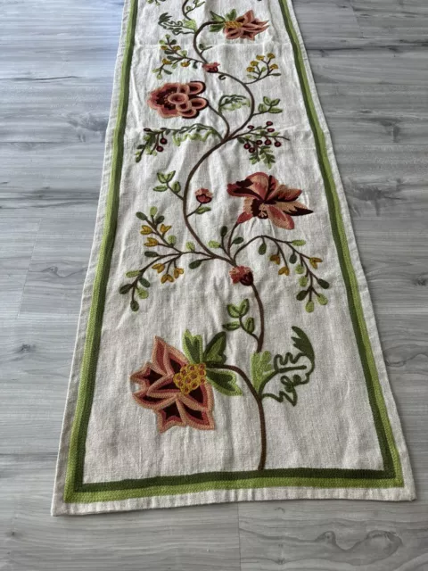 Williams Sonoma Floral Crewel Embroidery Beige Linen Cotton Table Runner 16 X 90