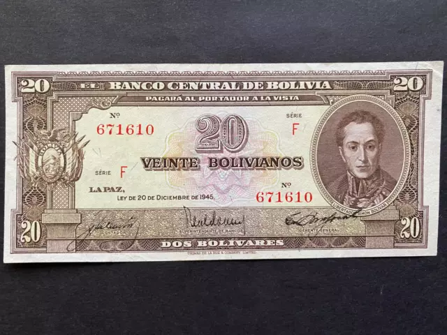 BOLIVIA, 1945, Billete Banco Central de Bolivia, VEINTE BOLIVIANOS, Serie F, Cir