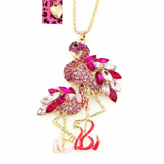 Betsey Johnson Enamel Crystal Flamingo Bird Pendant Sweater Chain Necklace Gift