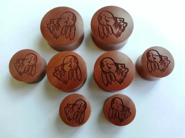 Pair ORGANIC Handmade Howling Wolf Moon Saba Wood Saddle Ear Plugs Tunnel Gauges