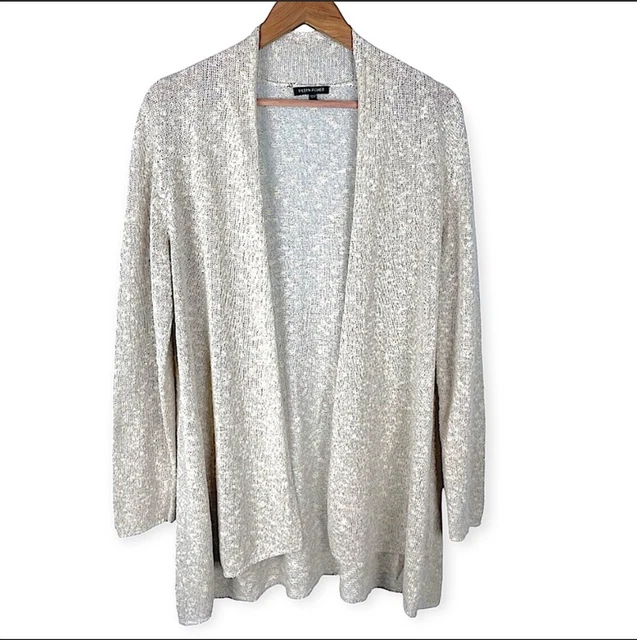 Eileen Fisher Linen Cotton Blend Shimmer Open Front Cardigan Size Large Beige