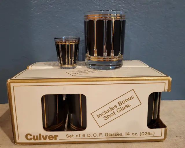 Vtg Set/6 Culver Black/Gold Double Old Fashioned Glasses + Shot Glass New in Box