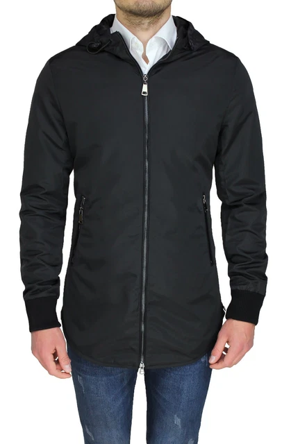 Parka giubbotto uomo nero estivo casual giacca lunga impermeabile con cappuccio