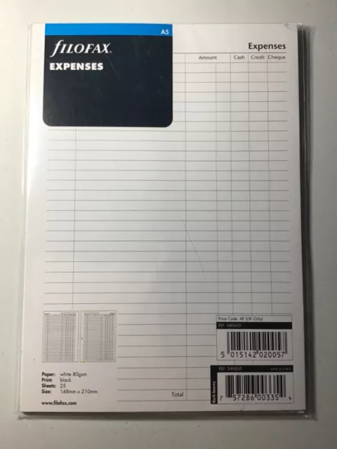 Filofax A5 Expenses White Notepaper Pack 25 Refill Diary Insert No: 340605