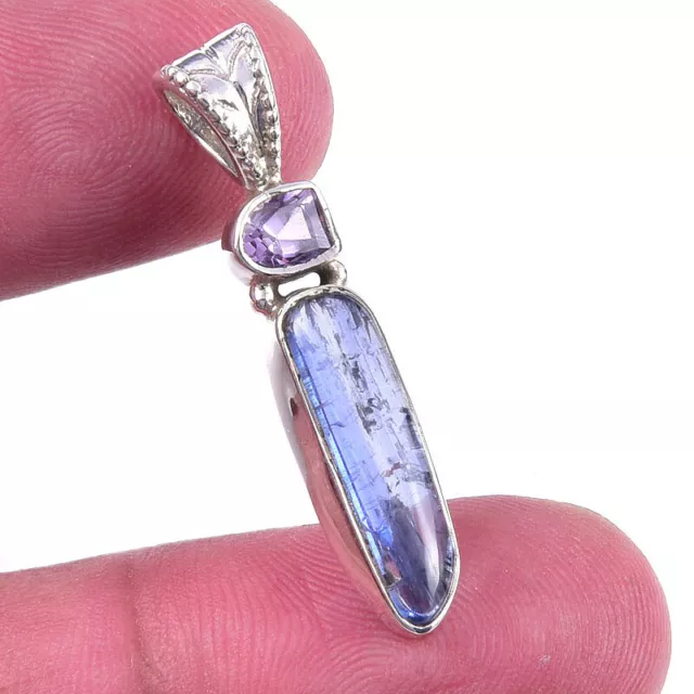 Natural Kyanite, Pink Amethyst 925 Solid Sterling Silver Pendant 1.25'' k748