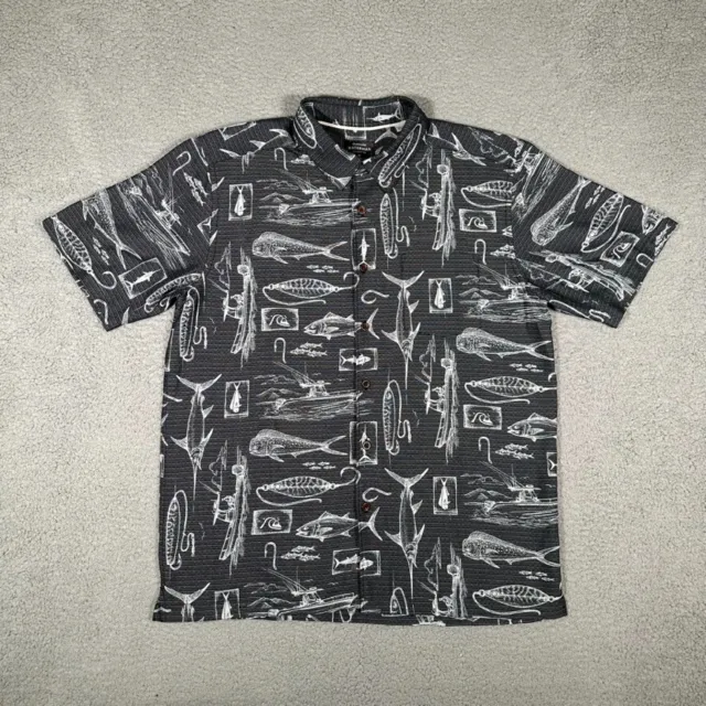 Quiksilver Waterman Shirt Mens Large Black Fish All Over Print Beach Surf Logo