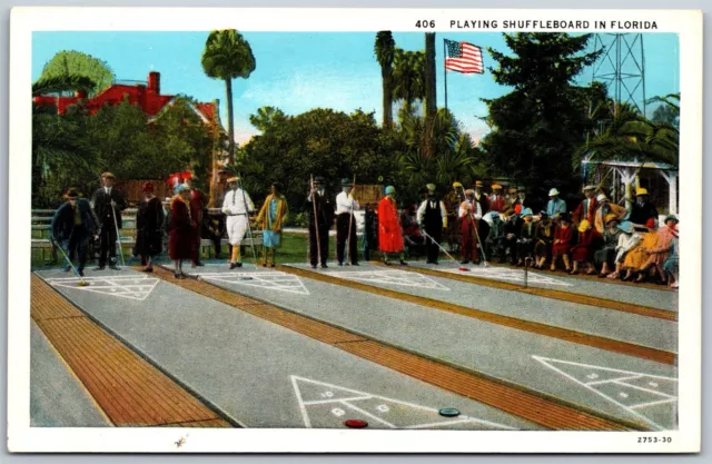 Vtg Playing Shuffleboard in Florida Fl Courts 1930s Unused Linen Postcard