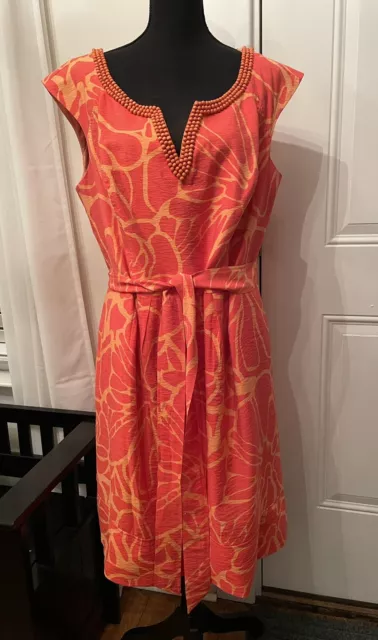 ADRIANNA PAPELL Size 14W Sleeveless Coral Floral Beaded Sundress with Belt