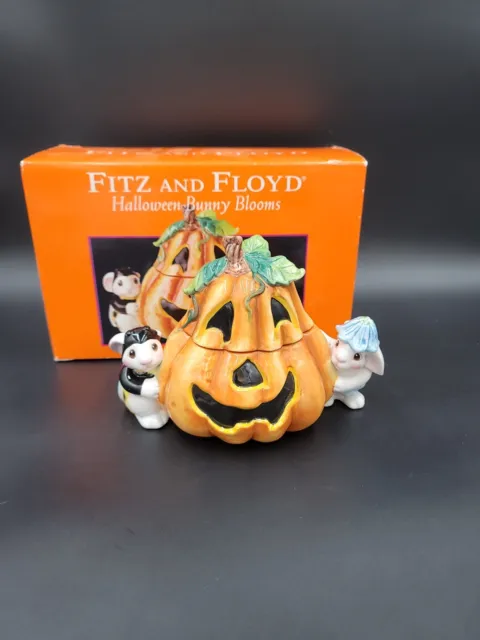 Fitz & Floyd HALLOWEEN BUNNY BLOOMS Pumpkin Candy Jar & Lid MINT BOXED