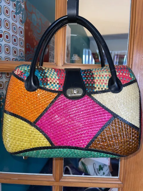 BASKET PURSE Vtg Mid-Century Modern Colorful Geometric Style Handwoven Handbag