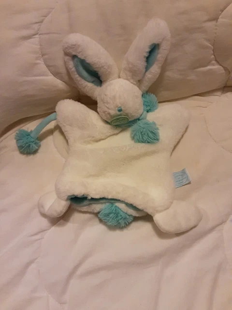 Doudou Lapin Marionnette Pompom Blanc Bleu  Doudou Et Compagnie