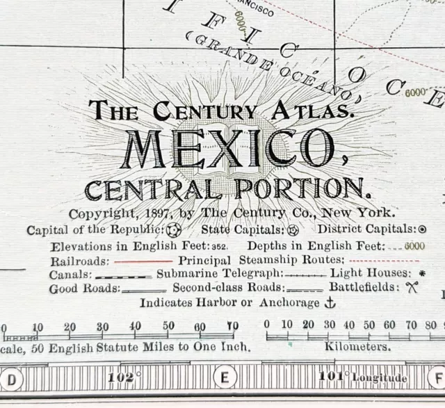 1897 MEXICO Map ORIGINAL Vera Cruz STEAMSHIP Routes RAILWAYS States Battlefields