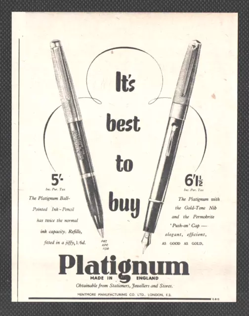 PLATIGNUM PENS  :-  Original Vintage 1950 Advert ~ POST FREE