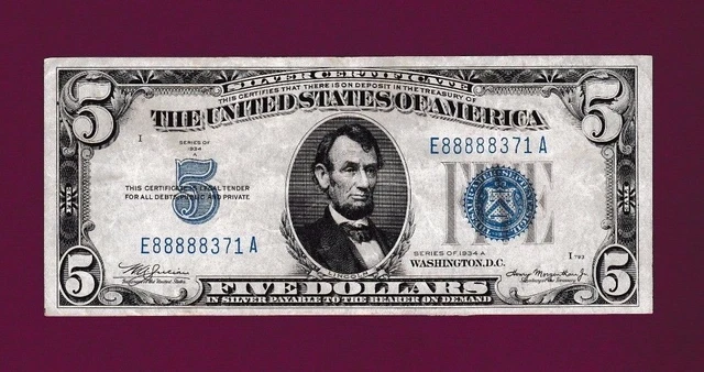 MULE SN E 88888371 A  Fr.1651  $5  1934 A  SILVER CERTIFICATE NOTE BLUE SEAL