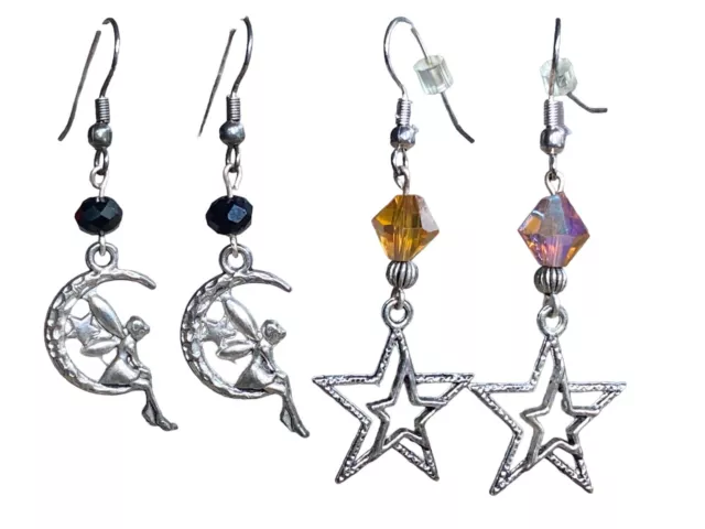 Earrings Fairy Moon Stars Dangle Silver