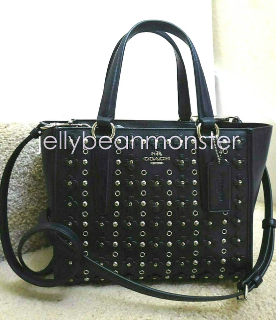 COACH 37703 MINI CROSBY FLORAL RIVETS LEATHER CARRYALL BAG CROSSBODY Navy Black