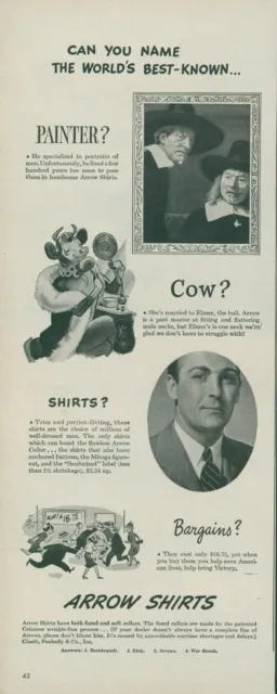 1944 Arrow Shirts Best Known Painter Cow Shirts Bargains Vtg Print Ad L34