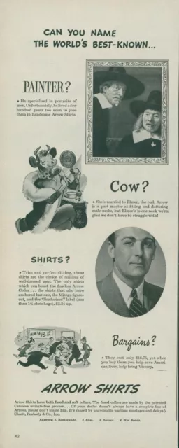 1944 Arrow Shirts Best Known Painter Cow Shirts Bargains Vtg Print Ad L34