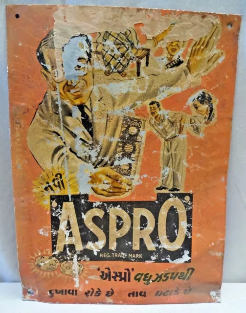 Vintage Étain Signe Aspro Pour Fever Et Pain Bayer Chimiste Publicité Pharmacie