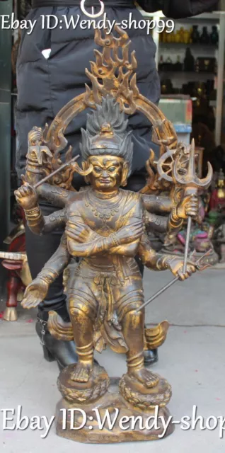 98cm Huge Bronze Gild 8 Arms Protector Deity Dharmapalas Buddha Hold Faqi Statue