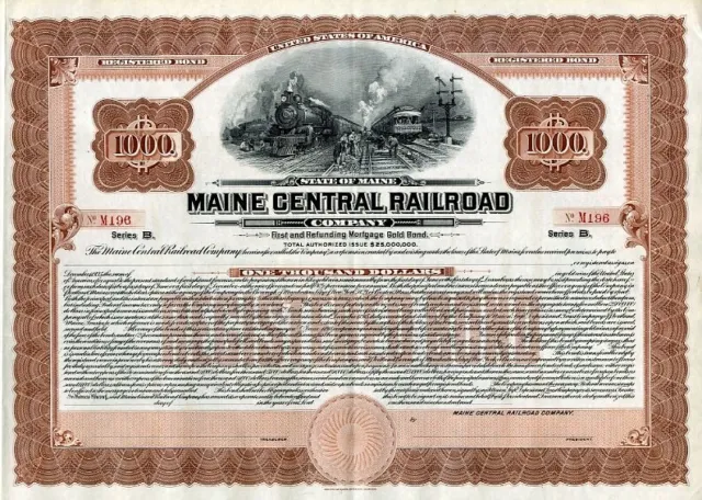 19__ Maine Central RR $1000 Registered Bond Certificate