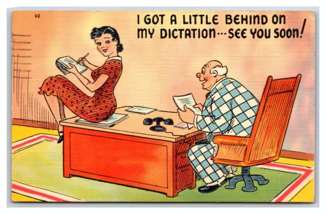 Comic Risque A Little Behind on My Dictation See You Soon Linen Postcard S2