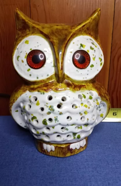 VTG 70s Ceramic Owl Night Light Table TV Lamp 7" MCM Glowing Eyes Brown w/ Green