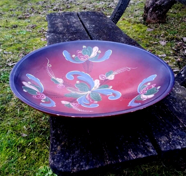 Wooden Hand Painted XXL Fruit Bowl Floral Design Sweden Vintage Handmade