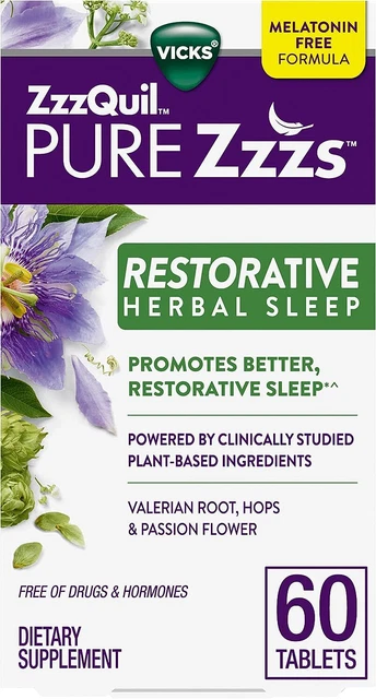 ZzzQuil Pure Zzzs ayuda para dormir herbal restauradora, tabletas 60 unidades