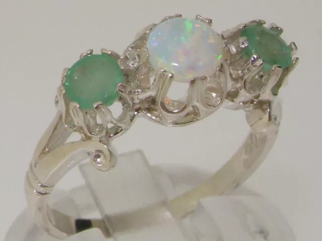 Solid Sterling Silver Natural Opal & Emerald Ladies Trilogy Band Ring