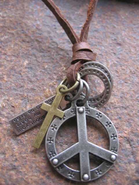 Peace Halskette Anhänger Hippie Surfer Kreuz Leder Beach braun Surferkette Kette