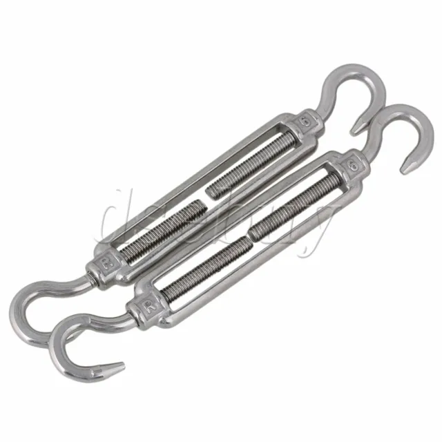 2 x Silver European Style 304 Stainless Steel M6 Thread Turnbuckle Hook to Hook