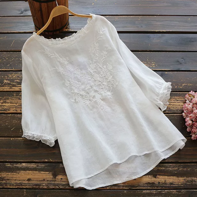 Women Cotton Linen Baggy T-Shirt Blouse Summer Floral Loose Tunic Tops